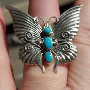 New Solid Sterling Silver & Sleeping Beauty Turquoise Butterfly Ring Size 8